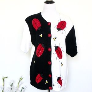Lisa International Vintage Knit Button Front Cardigan Sweater Lady Bug Beaded M